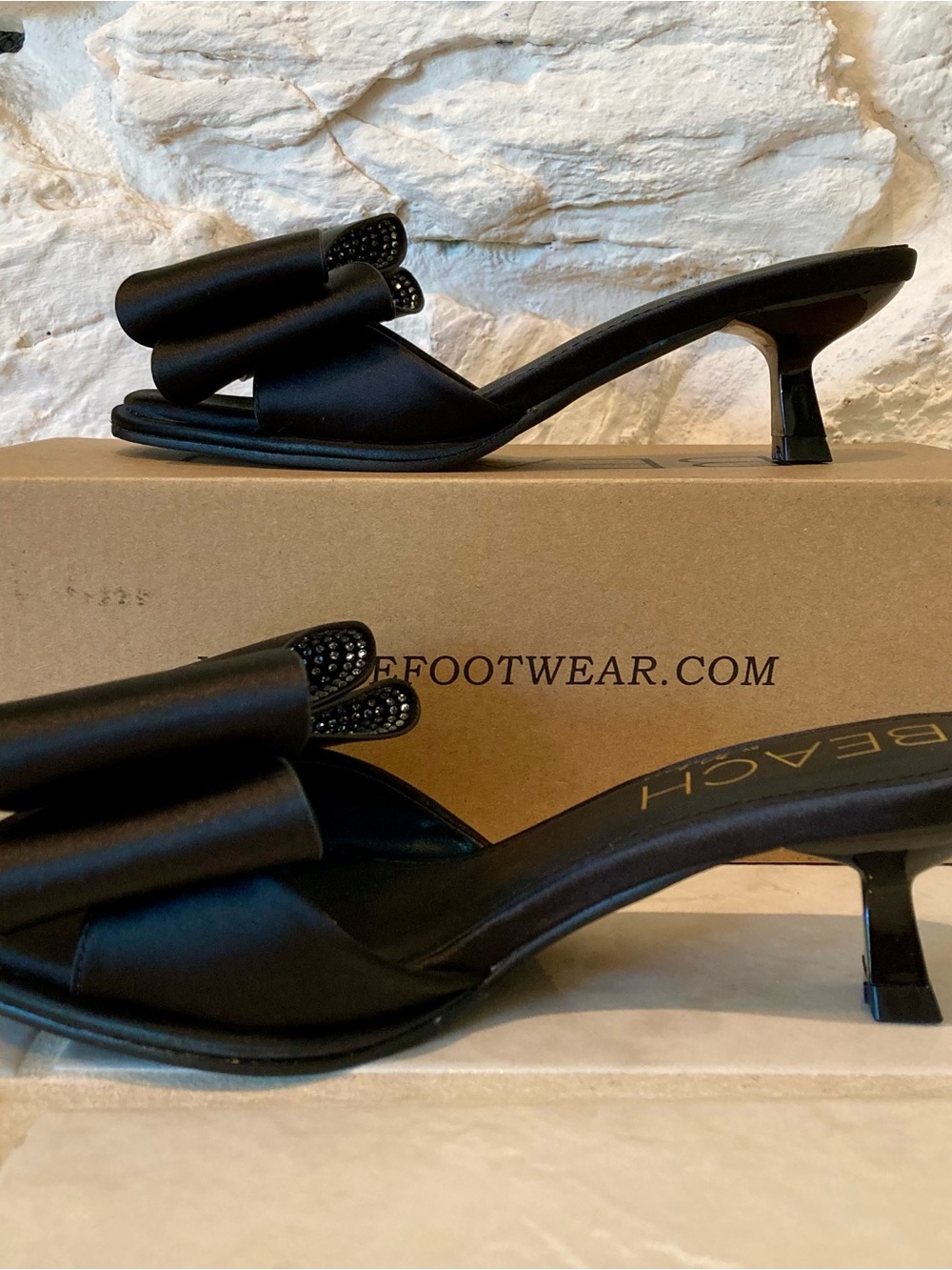 Matisse Black Satin Bow Kitten Heel Mules with Crystal Accent - Picture 7 of 16